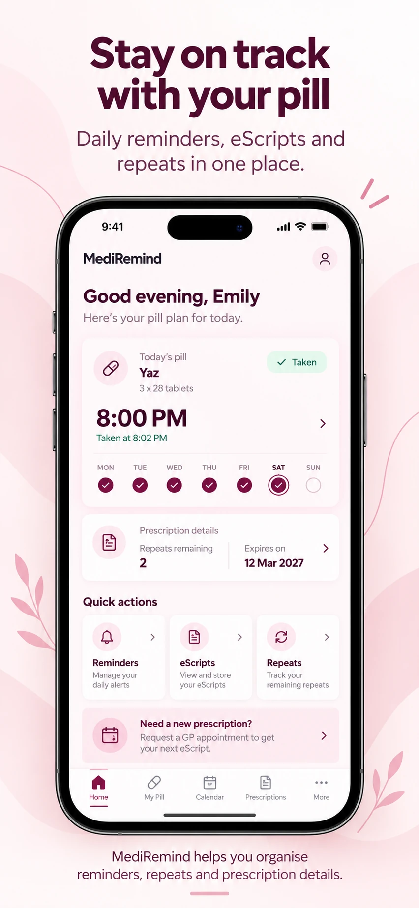MediRemind pill reminders and prescription details displayed on an iPhone.