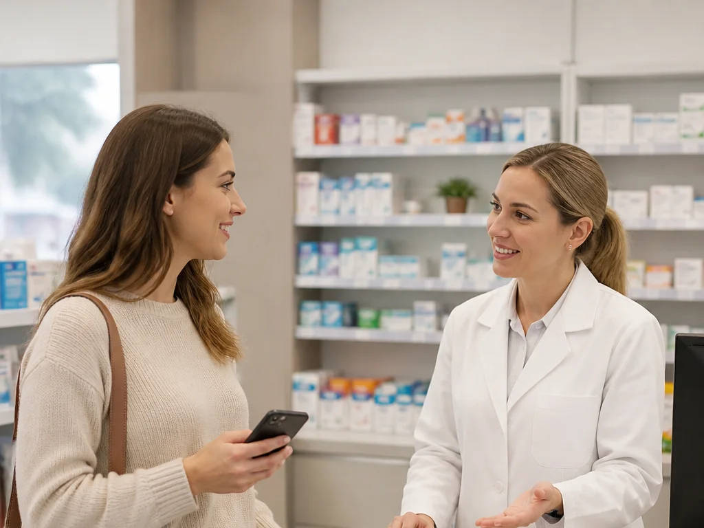 A customer talks with a pharmacist at a community pharmacy counter.