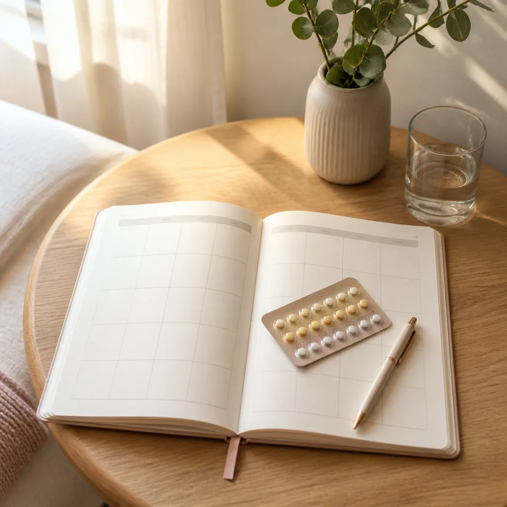 An unbranded pill blister pack arranged on an open planner beside a pen.