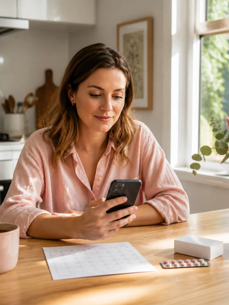 A woman in her late 20s checks her phone beside a calendar and an unbranded pill packet at home.