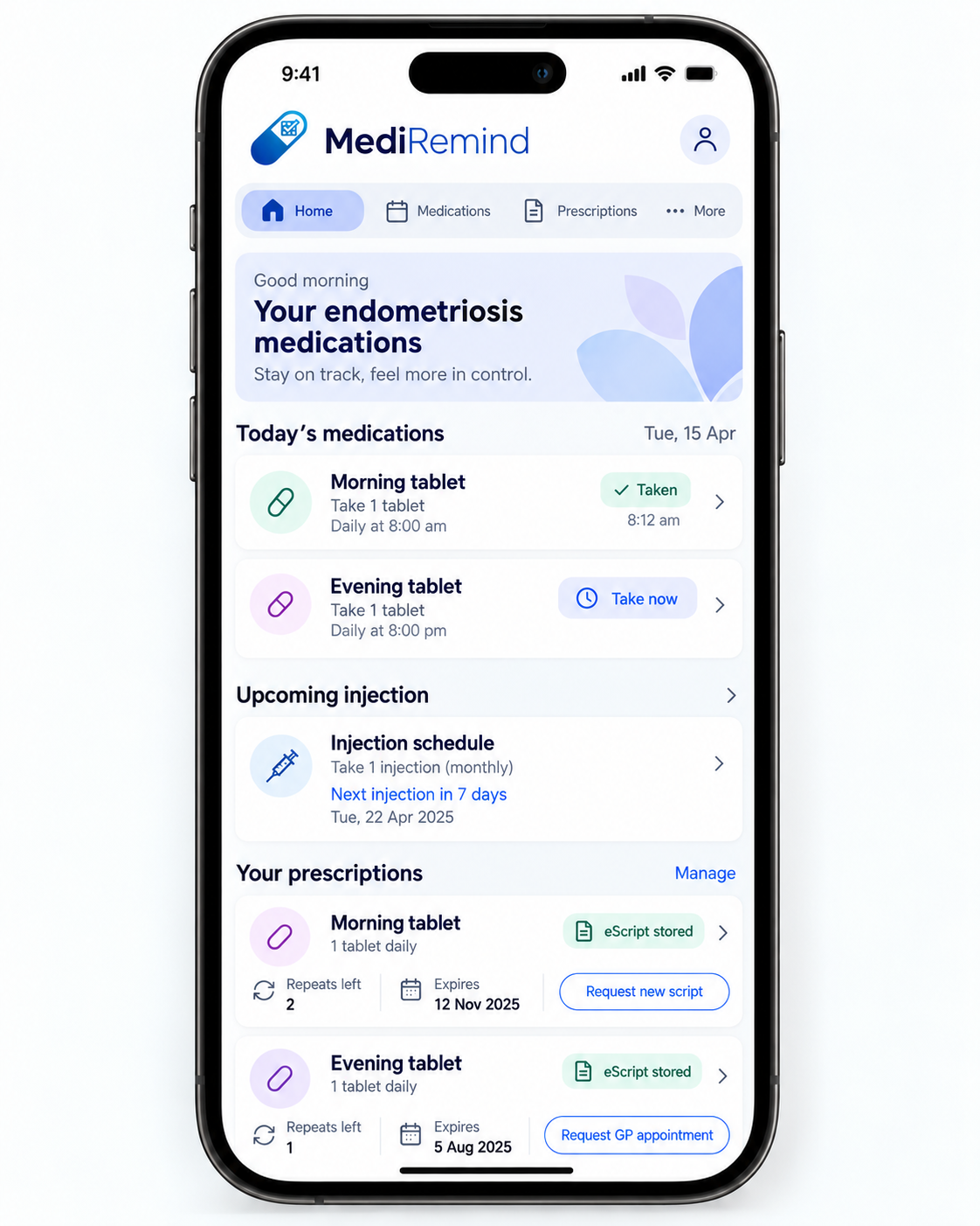 MediRemind app screen showing medication reminders, injection schedule and prescription details.