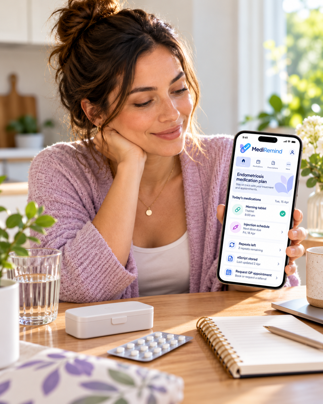 A woman at home holding a phone displaying MediRemind's endometriosis medication plan.
