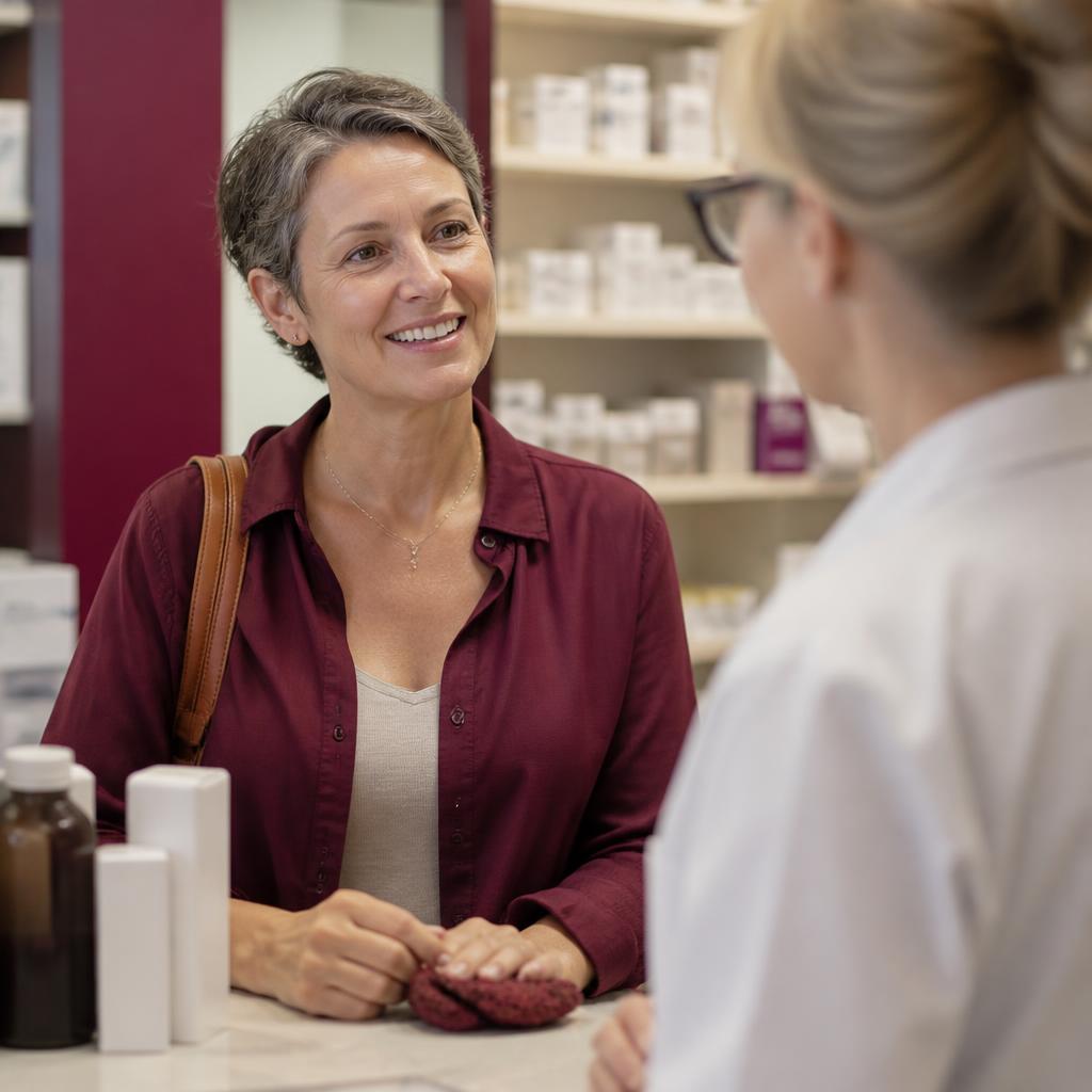 A woman speaking with a community pharmacist.
