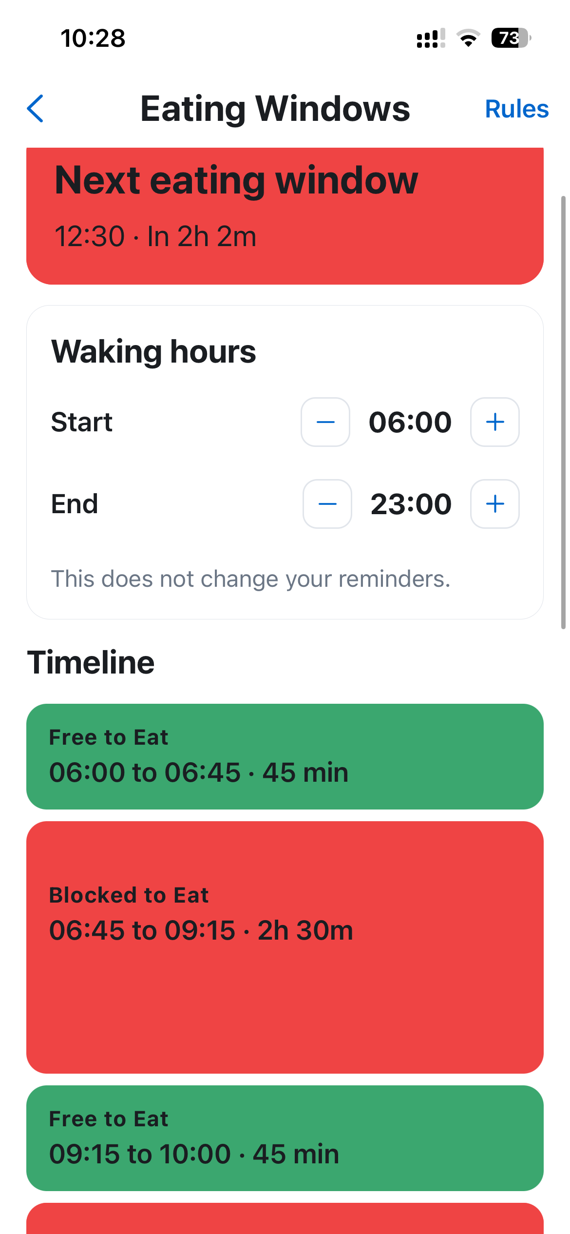 MediRemind Eating Windows screen showing the next window, waking hours and a daily timeline.