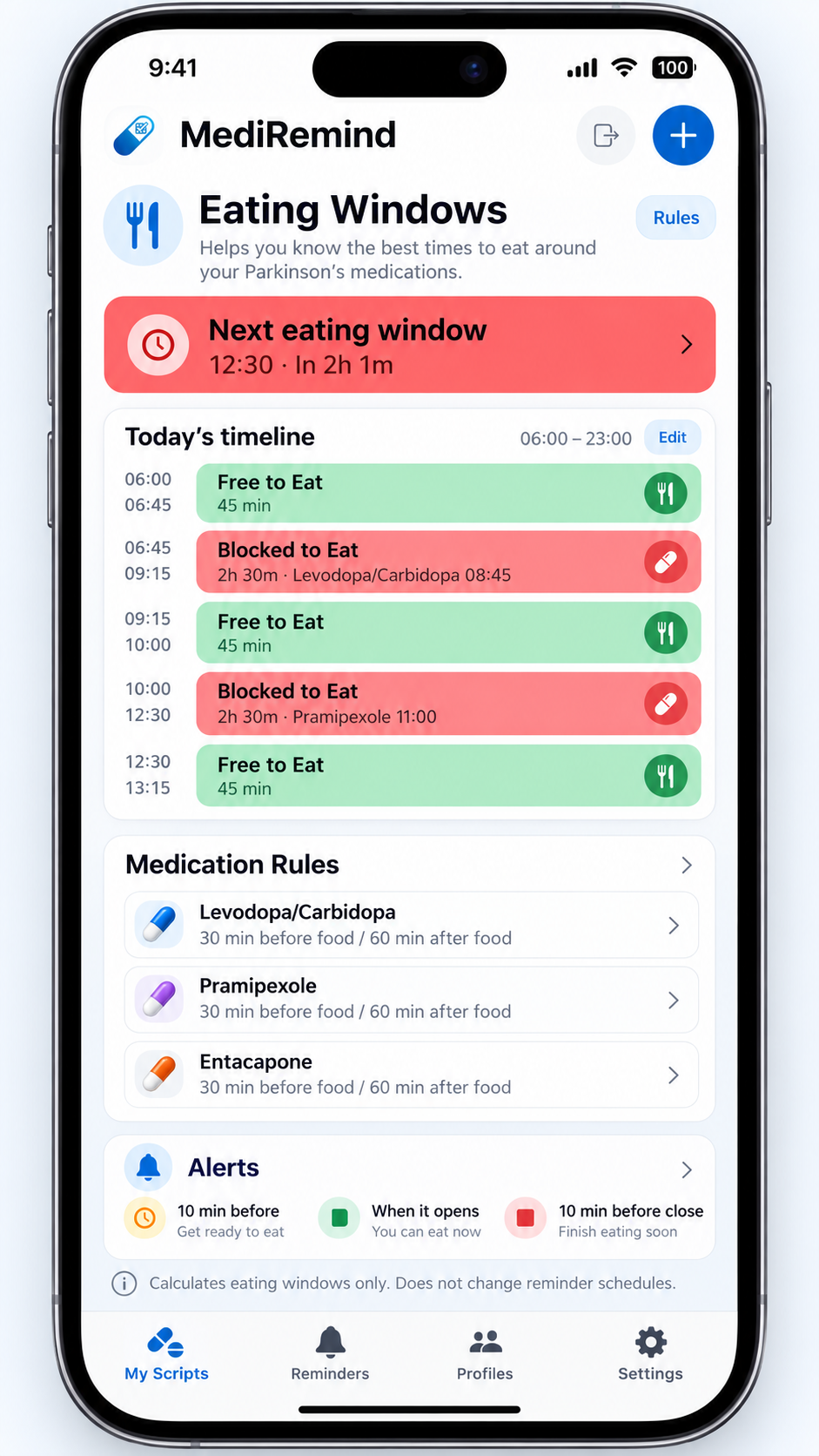 MediRemind Eating Windows screen showing the next eating window, a daily timeline, medication rules and alerts
