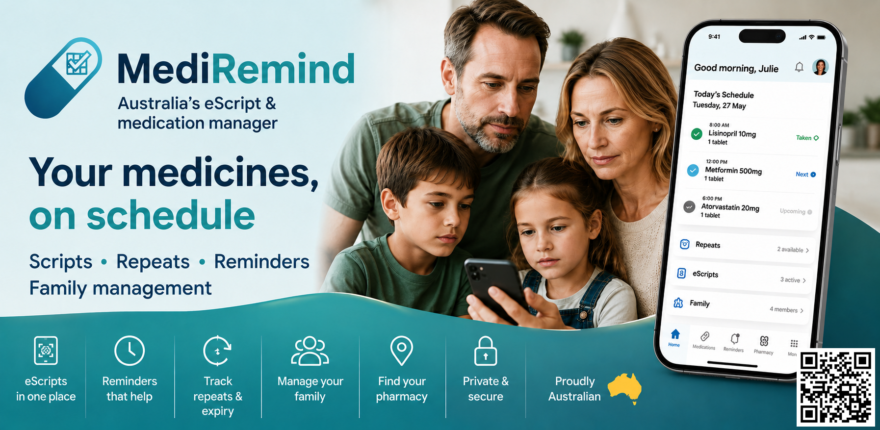 MediRemind family banner showing a family managing medicines and the app's prescription, reminder and pharmacy features