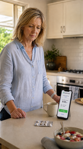 Woman checking a MediRemind medication reminder at home
