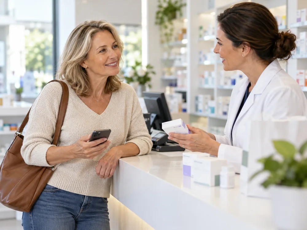 Pharmacist discussing a medicine with a customer