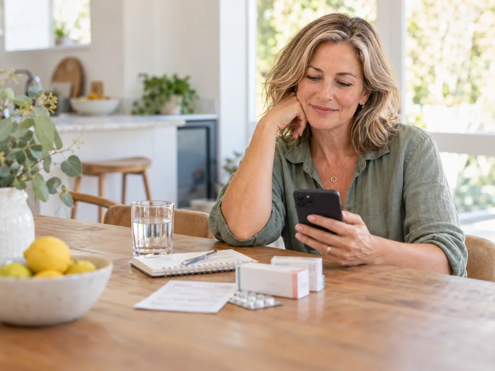 Woman checking her phone and prescription details at home