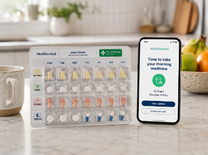 A weekly Webster pack beside a phone showing a medication reminder