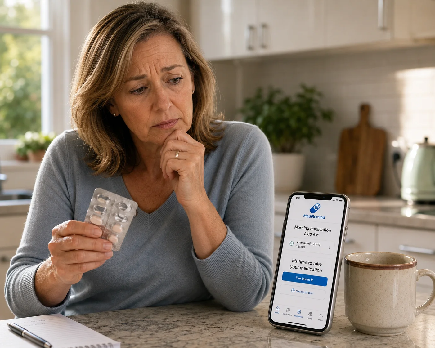 A woman checks a separately supplied medicine and her recorded medication reminder on a phone.