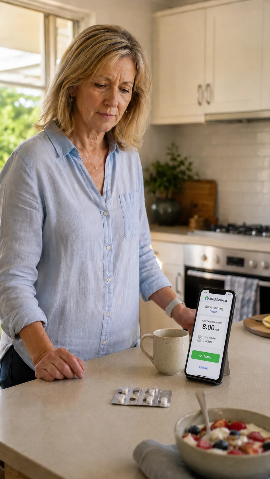 A woman at home checks an illustrative medication reminder on a phone.